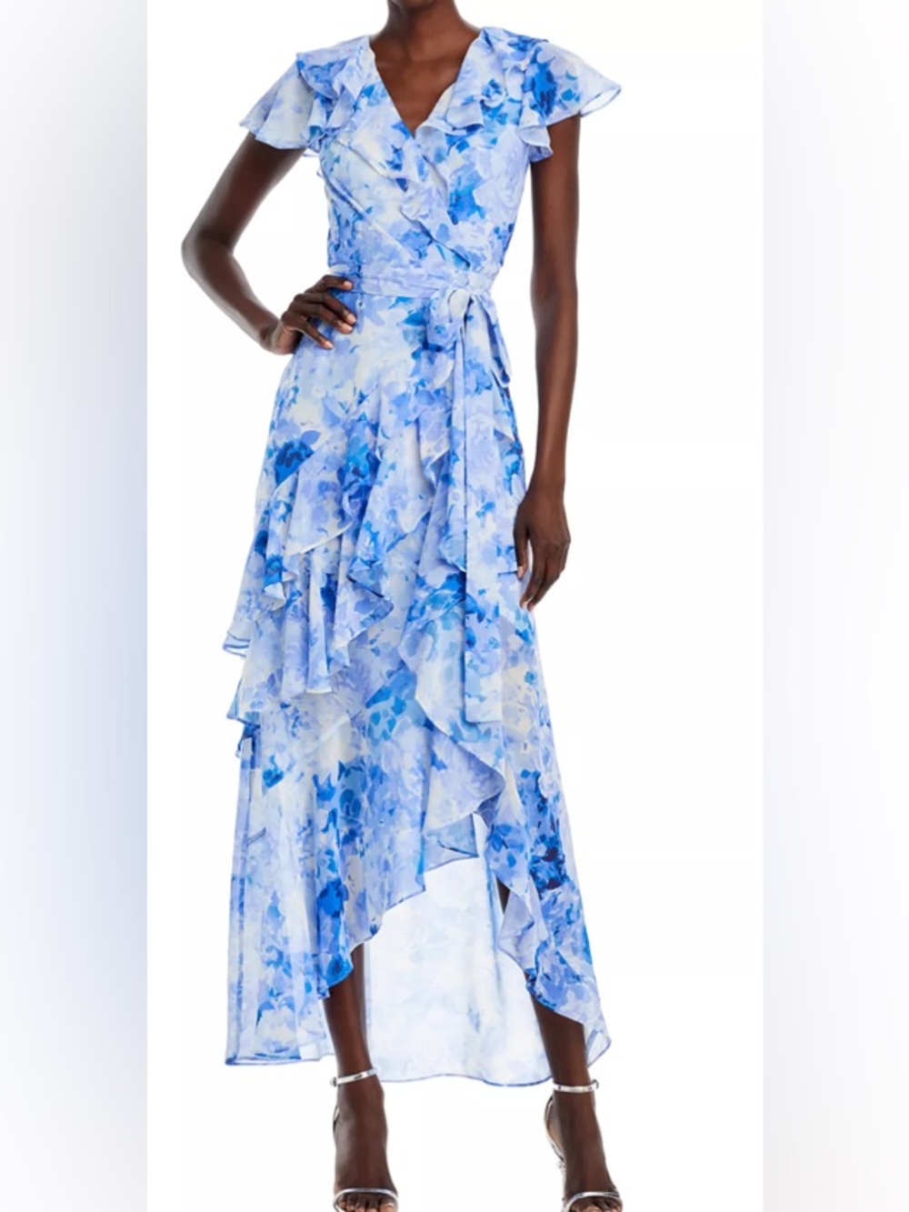 Eliza J Blue Floral High-Low Ruffle Wrap Skirt